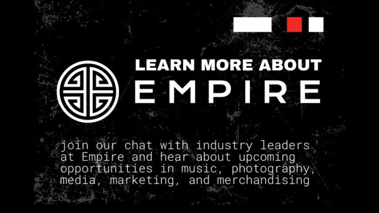 Logo and text appear on a textured black background. A circular symbol is on the left. Text reads: 