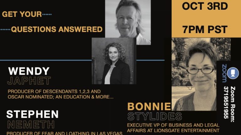 Academy of Art University event poster features three speakers: Wendy Japhet, Stephen Nemeth, and Bonnie Stylides, detailing their credentials, with event details 