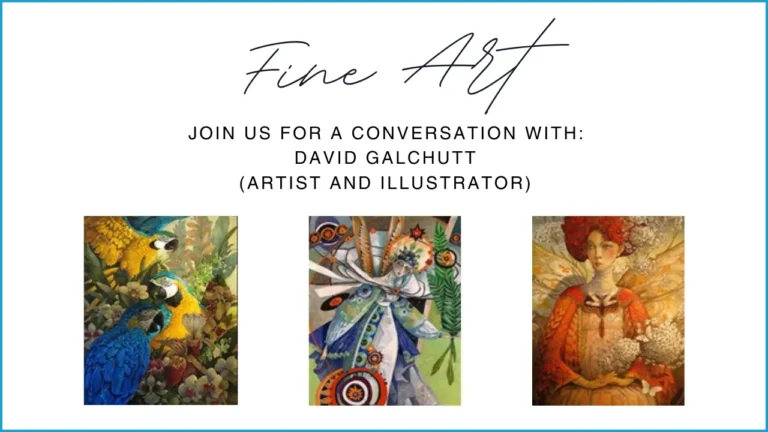 Artwork displays three illustrations: vibrant parrots among foliage, an abstract figure with geometric patterns, and a woman in elaborate attire. Text reads, 