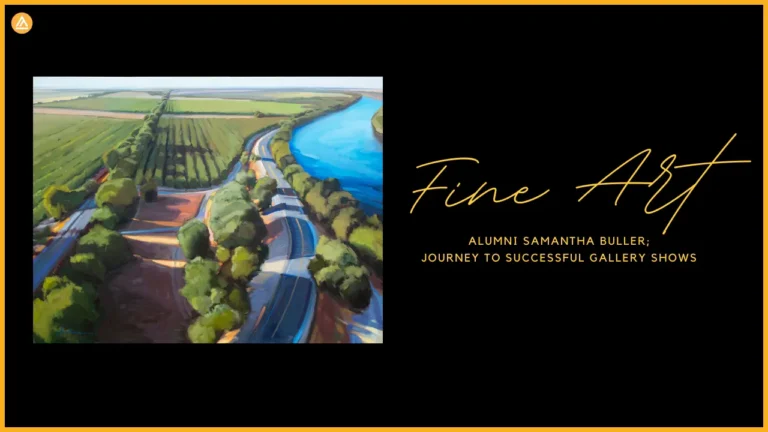 Aerial view of a winding road beside a river and fields, framed by trees. Text reads: 