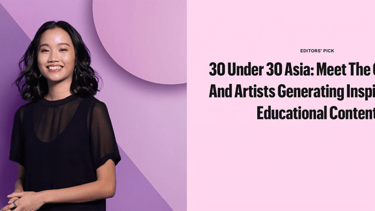 A person smiles confidently against a geometric purple wall. To the left, text reads 