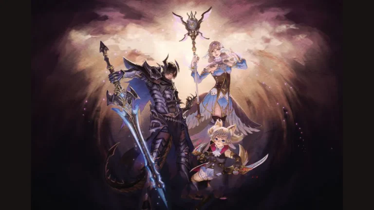 Armored warrior wields sword, accompanied by a mage holding a staff, and a small warrior with a dagger. They pose dynamically against a swirling, mystical background in dim lighting.