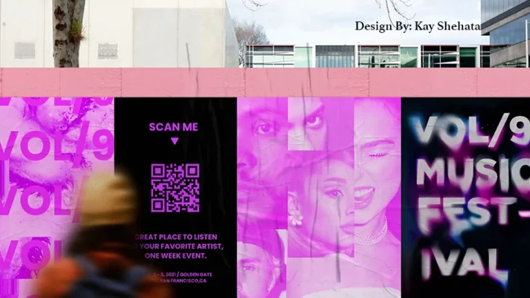 A person walks past a vibrant pink and black wall mural featuring a QR code, text 