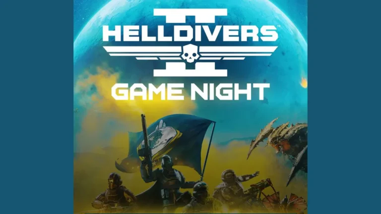 Soldiers with futuristic gear stand ready, one holding a flag, against an alien landscape under a large planet. Text reads: “HELLDIVERS II GAME NIGHT.”