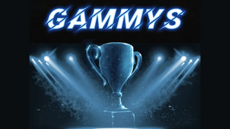A glowing blue trophy is illuminated by spotlights, with the word 