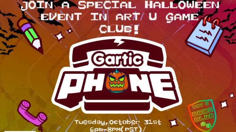 A Halloween-themed Garctic Phone event poster features a pumpkin face within the logo, surrounded by bats and game items. Text: 