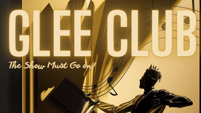 A stylized figure appears to sing energetically against a backdrop of large musical notes and angular golden shapes. The text reads, 