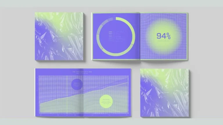 Books lie open displaying pastel charts and graphs on grid backgrounds. A circular chart shows 
