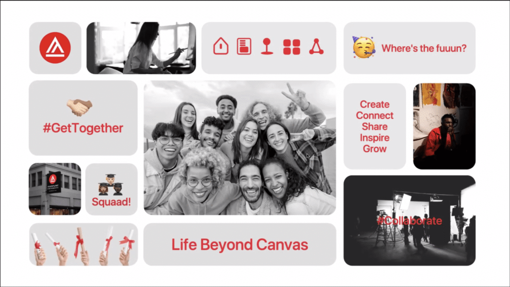 A collage features students smiling, emojis, and text like "#GetTogether" and "Life Beyond Canvas." There's an art studio image, graduation caps with "Squaad!", and "#Collaborate" in a photography setting.