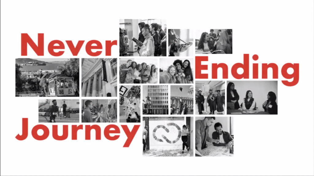 A collage of black-and-white images showcases diverse college experiences, framed by bold red text reading "Never Ending Journey," reflecting dynamic educational and social activities in an academic setting.