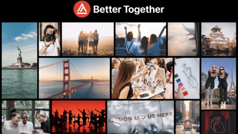 Collage features diverse scenes: photography, group celebrations, iconic landmarks (Statue of Liberty, Golden Gate Bridge), art and fashion creation, dancing silhouettes. Text: 