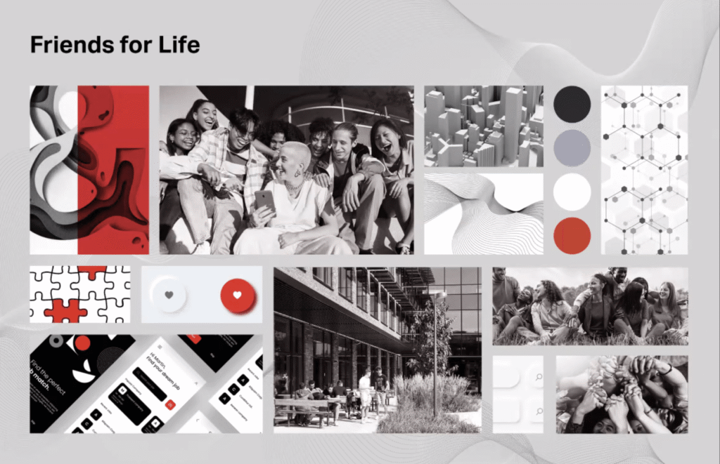 A collage of images and designs depicts diverse, smiling friends interacting joyfully, various abstract patterns, and outdoor socializing. Text reads "Friends for Life" with color palette swatches of black, gray, white, and red.