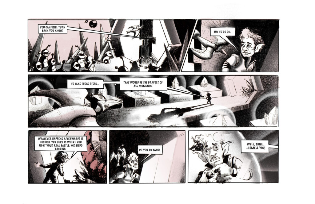 In a futuristic setting, Bilbo Baggins, depicted as an elf-like creature, contemplates bravery and decision-making surrounded by robotic figures. Text: "You can still turn back you know... But to go on... To take those steps... That would be the bravest of all moments. Whatever happens afterwards is nothing. Yes, here is where you fight your real battle, Mr Bilbo Baggins. Do you go back? Well, thief... I smell you."