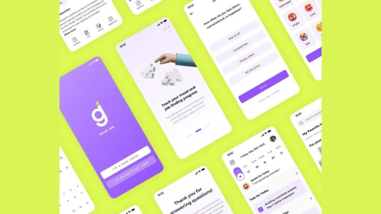 Smartphones display app screens featuring mood tracking and job-finding tasks. Text includes: 