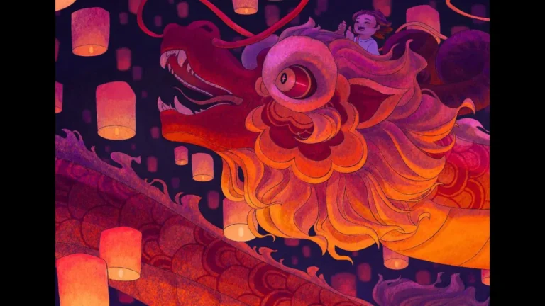 A vibrant, stylized dragon with swirling patterns carries a joyful child, surrounded by floating lanterns against a starry night sky.