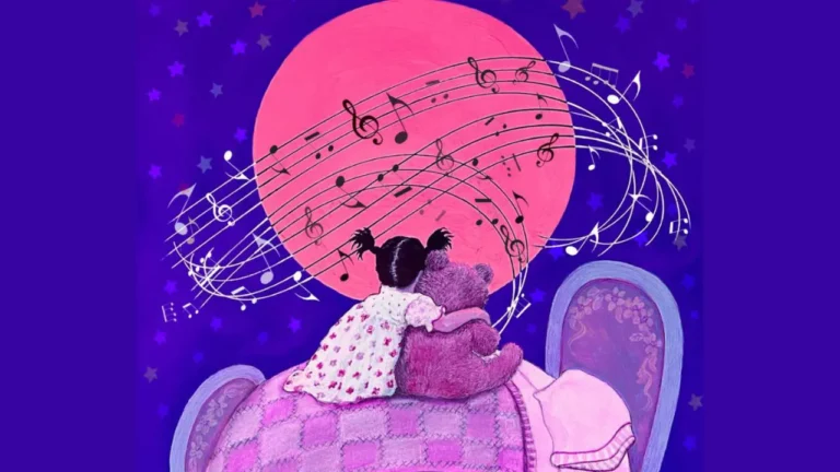 Child embraces teddy bear, sitting on a purple bed, in front of a large pink moon with swirling musical notes, set against a starry night sky.