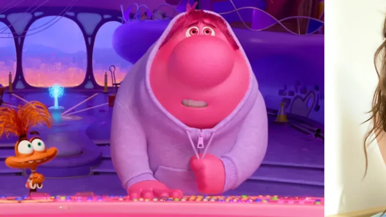 Five animated characters express various emotions, interacting in a colorful, futuristic control room. Next to this scene, a woman with long hair and glasses smiles in a softly lit setting.