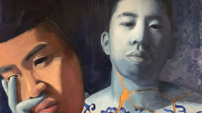 Two painted human faces; one warm-toned, touching its face, the other cool-toned, expressionless, with blue patterns and orange lines on the neck, set against a dark abstract background.