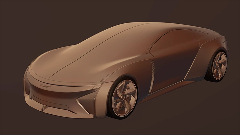 A sleek, futuristic car design is displayed in a side perspective, emphasizing aerodynamic lines and smooth curves within a dark, neutral background. There is no text in the image.