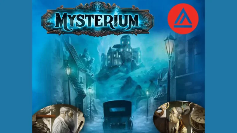 Mysterium-themed artwork displays a vintage car driving through a foggy, lamp-lit street toward a towering, eerie mansion on a hill. Two character portraits frame the bottom corners. Text: 