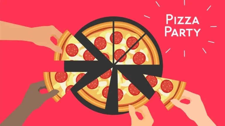 A pepperoni pizza being shared by three hands on a red background with the text 