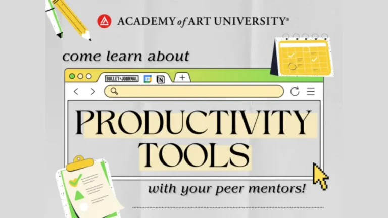 A graphic with text invites learning about productivity tools at Academy of Art University, featuring a browser window interface, calendar icons, and stationery elements. Text: 
