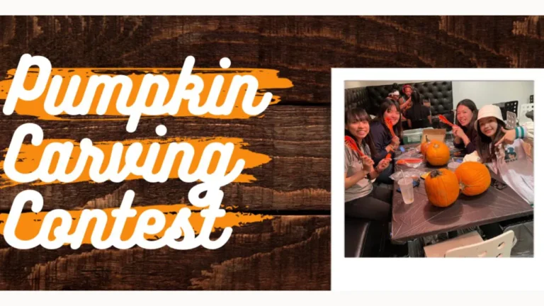 Five people hold carving tools around a table with pumpkins, smiling in a cozy setting. Text on wooden background reads, 