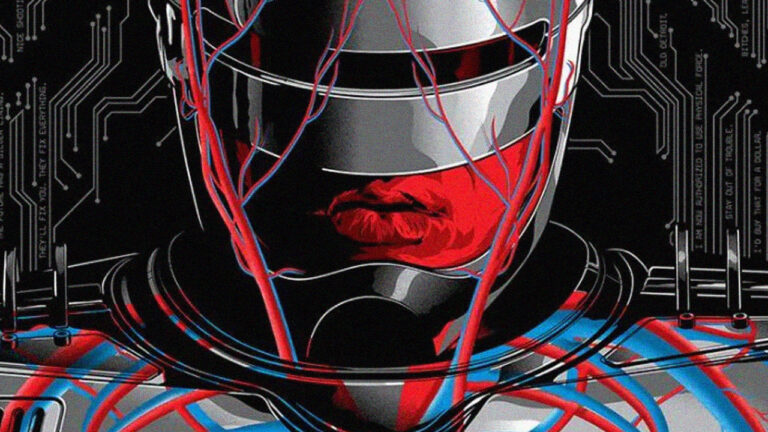 A futuristic helmeted figure is interconnected with red and blue neural-like lines against a circuit board background. Text reads: 