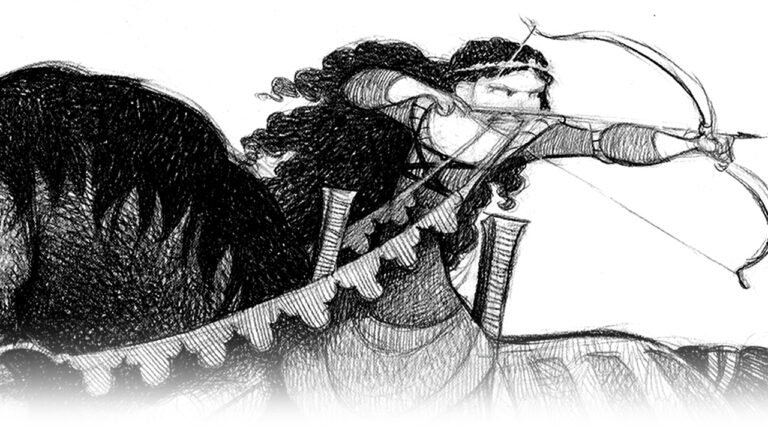 An archer, depicted as a centaur, draws a bow string taut, with focused expression. The black and white sketch features detailed shading and a flowing mane in an undefined background.