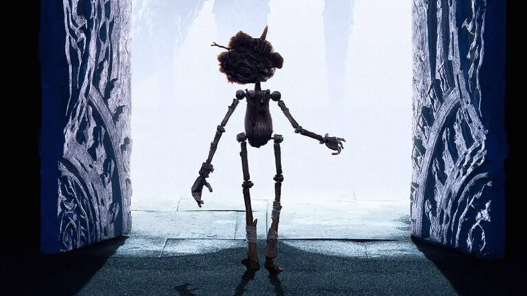 A wooden puppet stands facing outward, silhouetted against bright light in an intricately carved doorway, suggesting it is about to step into an unknown environment.
