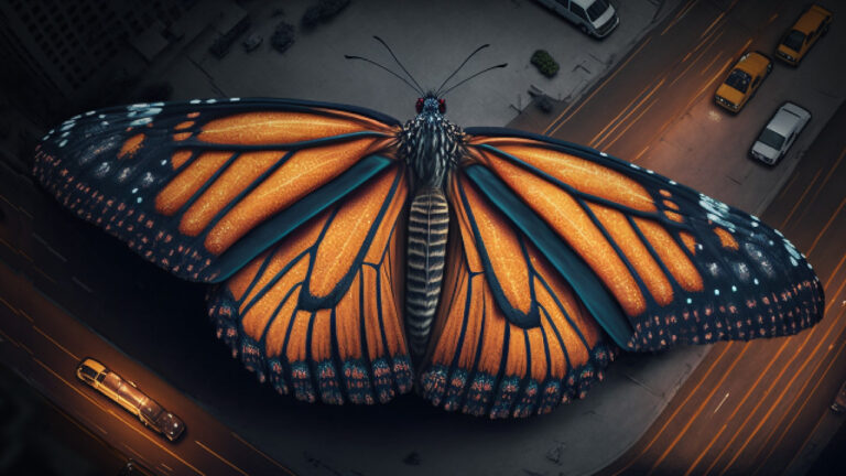 A giant, vividly colored butterfly with outstretched wings hovers above a nighttime city street, where cars and taxis are driving below.
