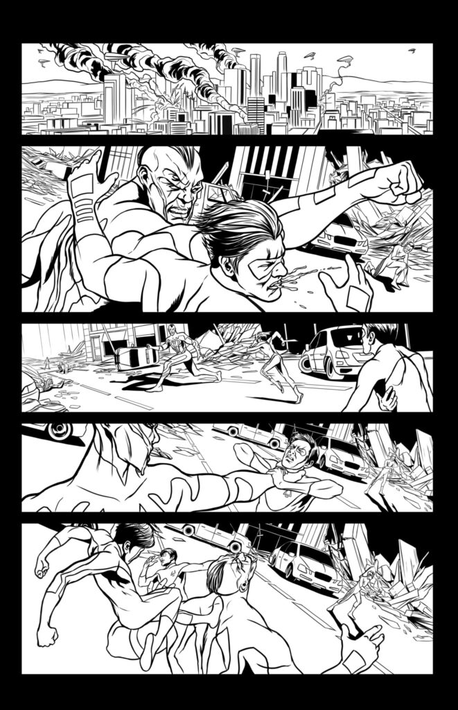 A city is under attack as two superheroes engage in a fierce battle amid collapsing buildings and debris. Cars are scattered around on the damaged street.