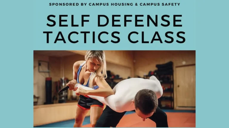 Woman practicing self-defense with a foam weapon against an opponent in a gym. Text reads: 