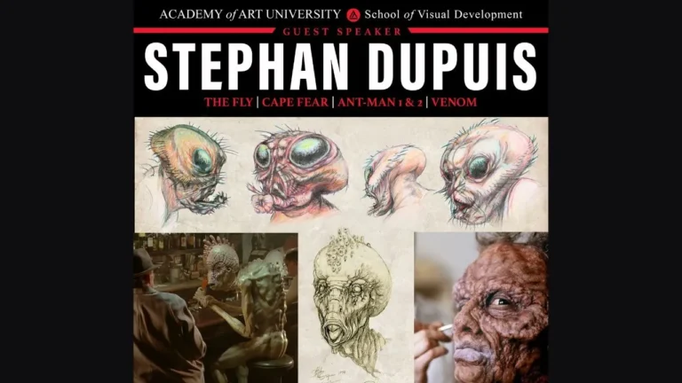 A collage features insect-like creature sketches, a bar scene with a creature, and a detailed makeup application. Text includes 