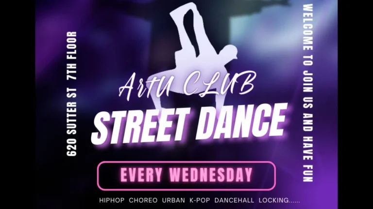 Silhouette of a dancer, jumping against a purple background. Text: 