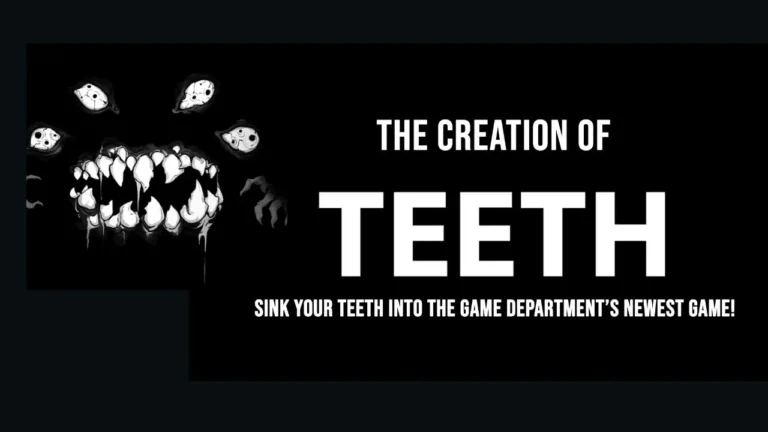 A monstrous face with sharp teeth and multiple eyes emerges from darkness. Text reads: 