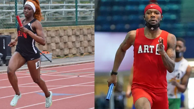 Two athletes run on tracks holding batons. The left wears a black 