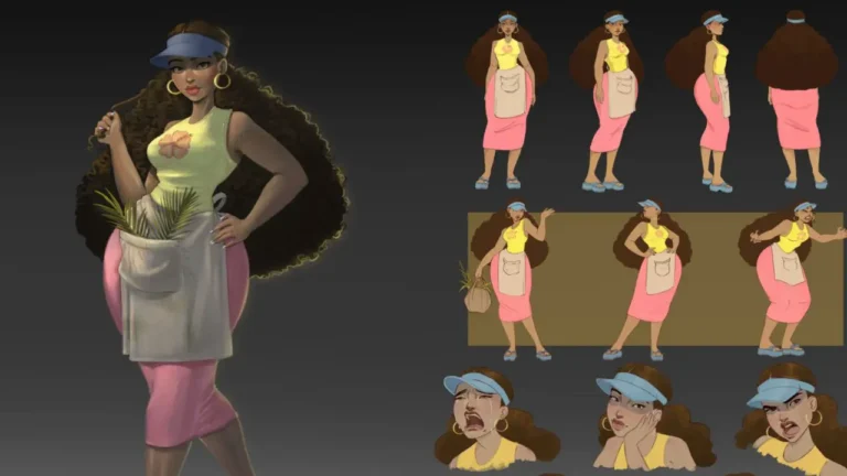 A woman wearing a visor, hoop earrings, and apron holds scissors, surrounded by various expressive poses and facial expressions. She wears a yellow top and pink skirt, holding plants in her pocket.