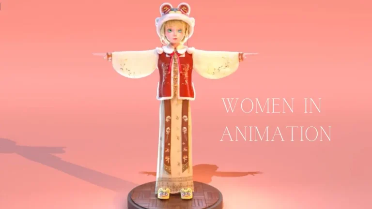 A stylized 3D character with outstretched arms wearing traditional attire stands on a circular platform. The background is pink. Text reads: 