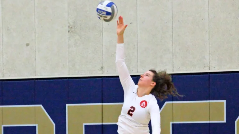 A volleyball player wearing a white jersey with the number 2 and a logo jumps to hit a ball inside a gymnasium, with a beige and navy wall background.