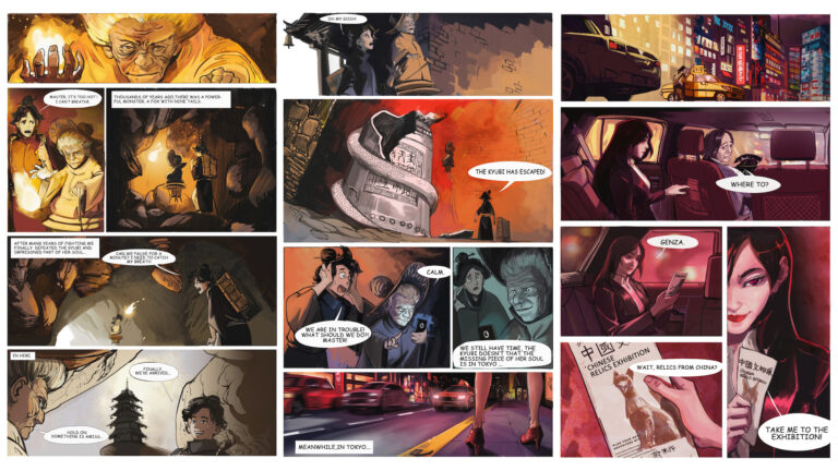 A comic page depicts a narrative involving characters confronting a mystical threat. An elderly master and a student speak about a fox with nine tails. 