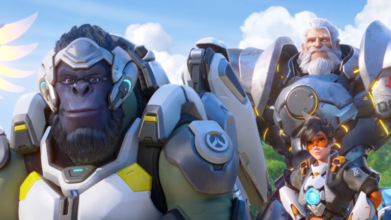 A gorilla in advanced armor stands confidently with two armored figures and a smaller character wearing orange goggles, set against a backdrop of clouds and greenery.