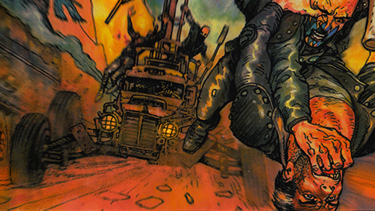 A rugged man clings to a rapidly moving truck amidst a fiery, chaotic background with intense colors and debris flying, creating a scene of high tension and action.