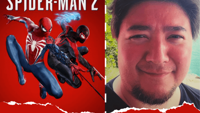 Two Spider-Man characters swing on a red background. Adjacent, a man smiles by greenery and water. Text: 