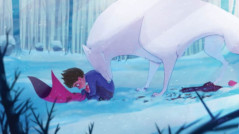 A large white wolf gently nudges a kneeling child holding a red cloth in a snowy forest. Surrounding trees create a cold, serene backdrop. 