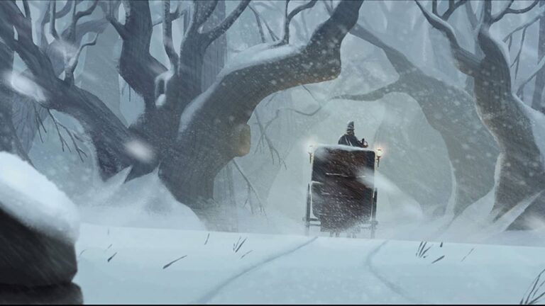 A horse-drawn carriage travels through a snowy forest with twisted, bare trees, creating a mysterious, wintry atmosphere. Snow falls heavily, covering the ground and branches.