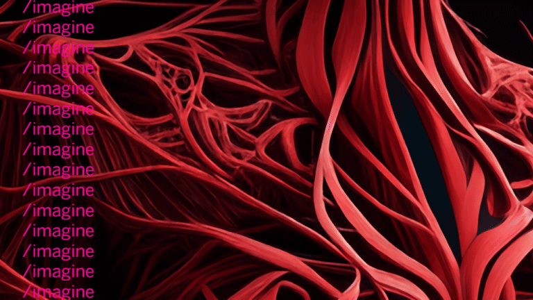 Red, flowing ribbons interweave, creating an intricate, organic pattern against a black background. On the left, the word 