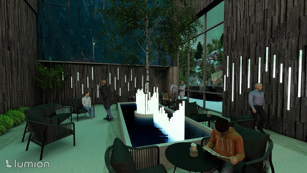 A modern indoor seating area features people relaxing and conversing around a glowing fountain. Vertical lights illuminate dark wood walls. Large windows reveal a nature scene outside. Text: “lumion.”