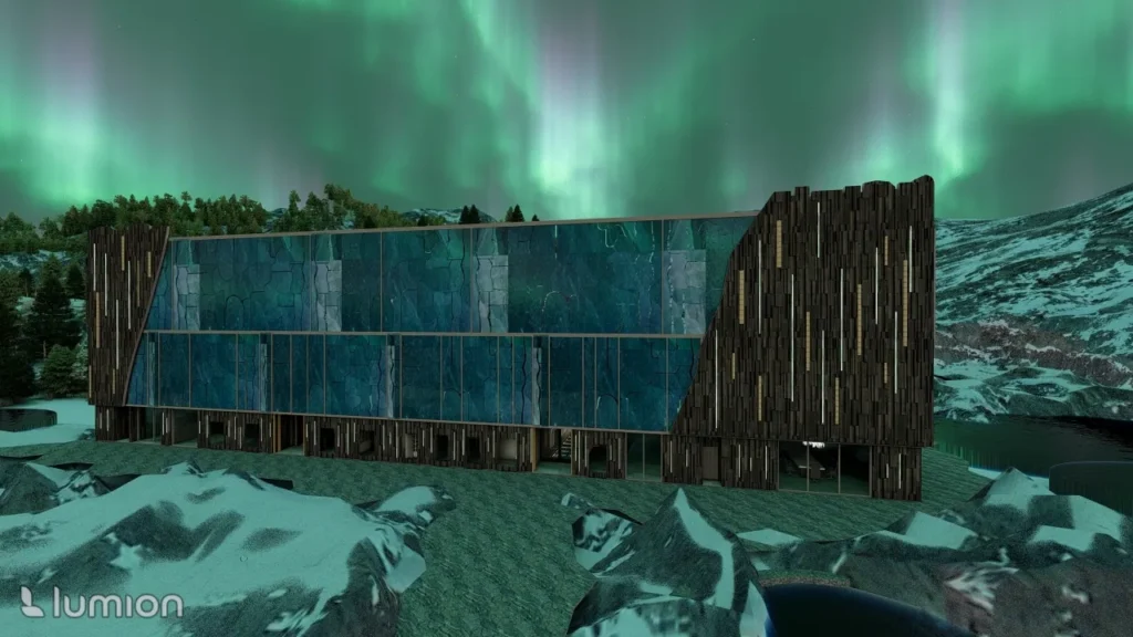 A modern building with a glass facade and dark wooden accents stands against a backdrop of auroras and a snowy, forested landscape. Text reads: "lumion."