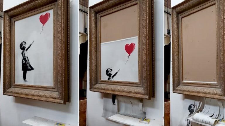 A framed artwork depicts a girl reaching for a red heart-shaped balloon. The image transitions to the artwork partially shredded, leaving an empty frame in a white room.